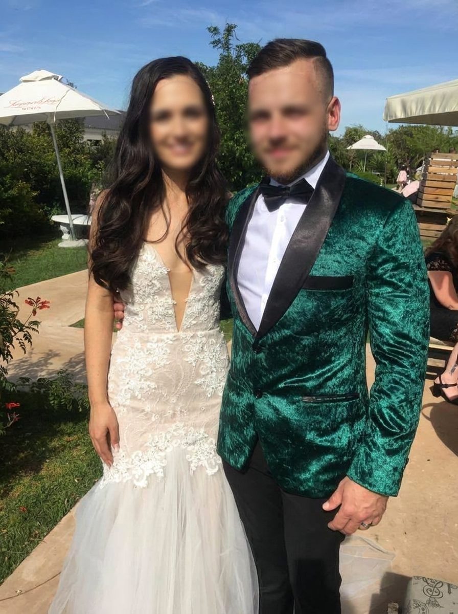 Custom-made green velvet dinner jacket and lace mermaid wedding dress handcrafted by Jet Smart Tailor