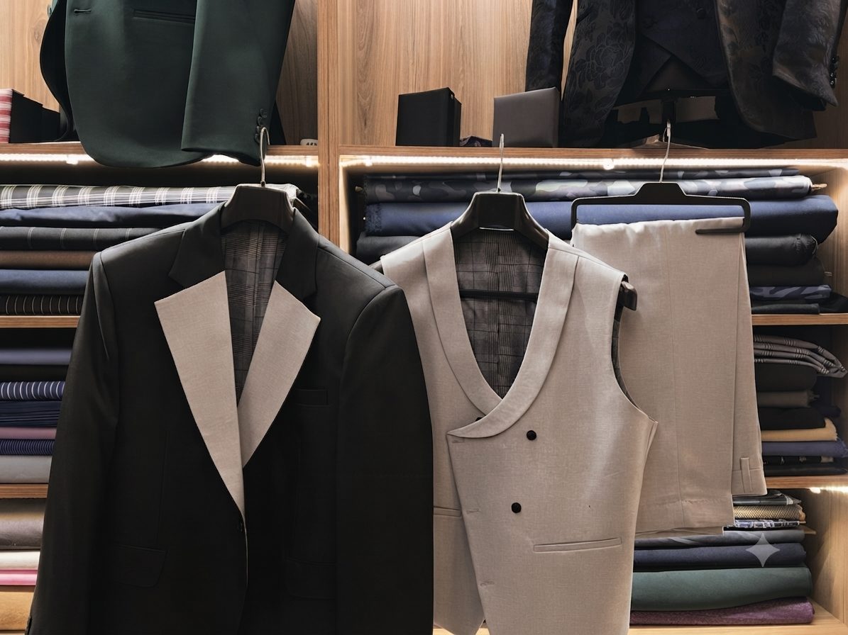 Handmade dinner jacket and waistcoat hanging in front of imported Italian suiting fabrics