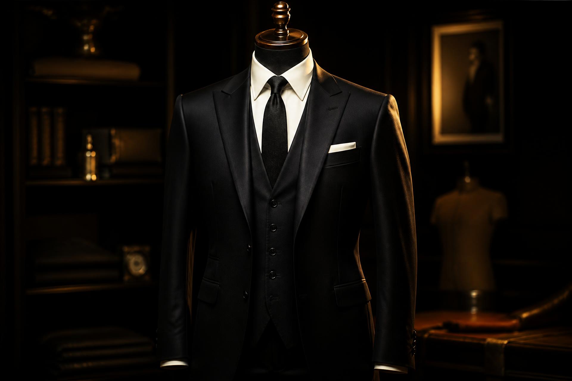 Bespoke black three-piece suit in an elegant atelier