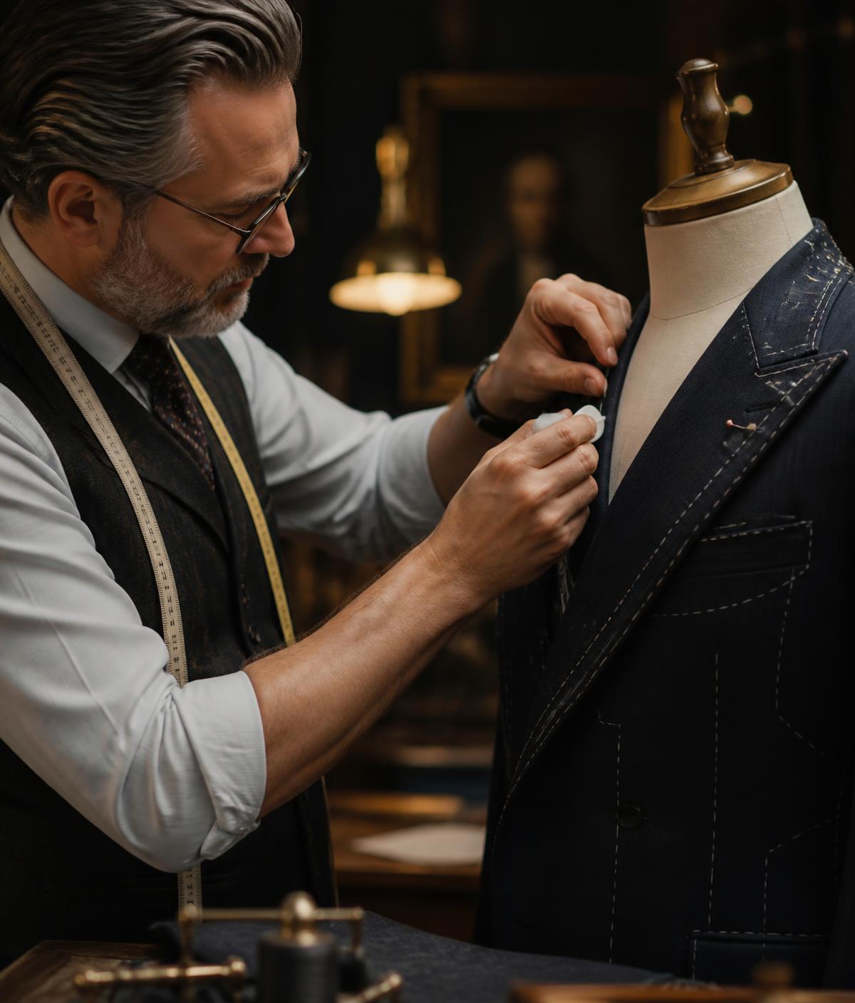 Tailor hand-fitting a bespoke jacket on a mannequin
